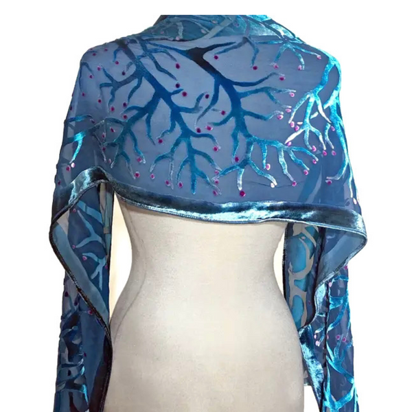 Sherit Levin: Devore Silk/Velvet Scarf, Blue in Branches