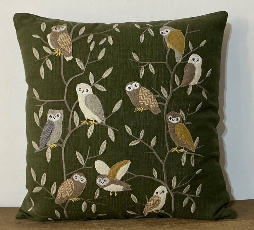 Natural Habitat: Applique/Embroidery Pillow, Owls Wise Parliament, 16"