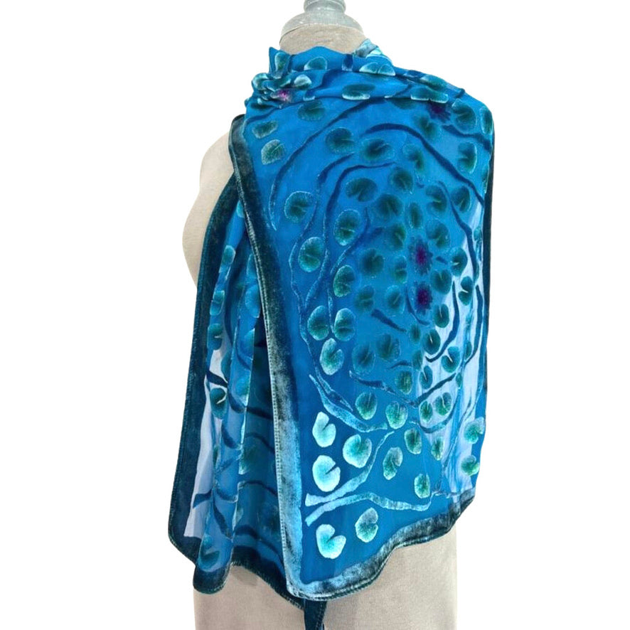 Sherit Levin: Devore Silk/Velvet  Scarf, Lily Pads in Turquoise