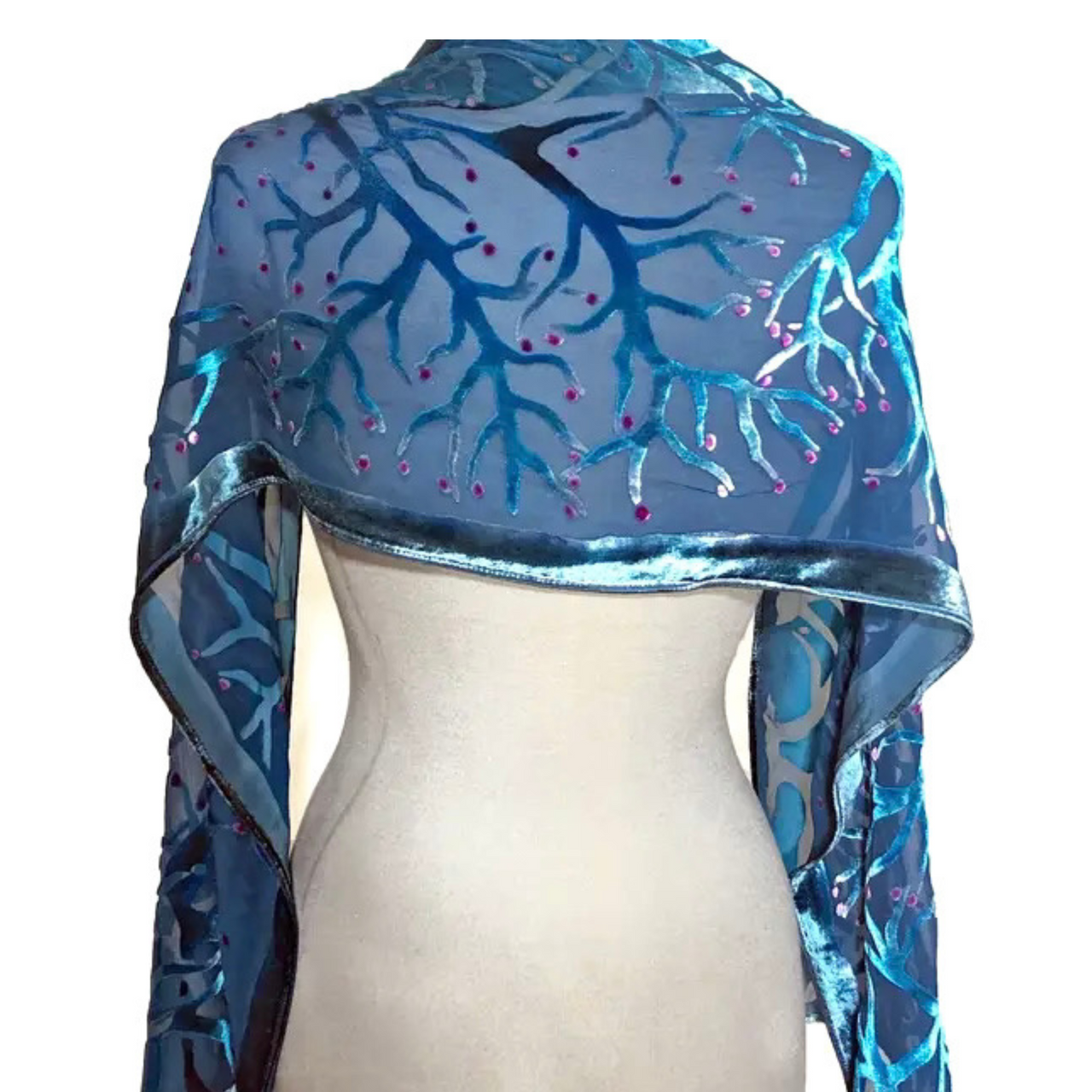 Sherit Levin: Devore Silk/Velvet Scarf, Blue in Branches