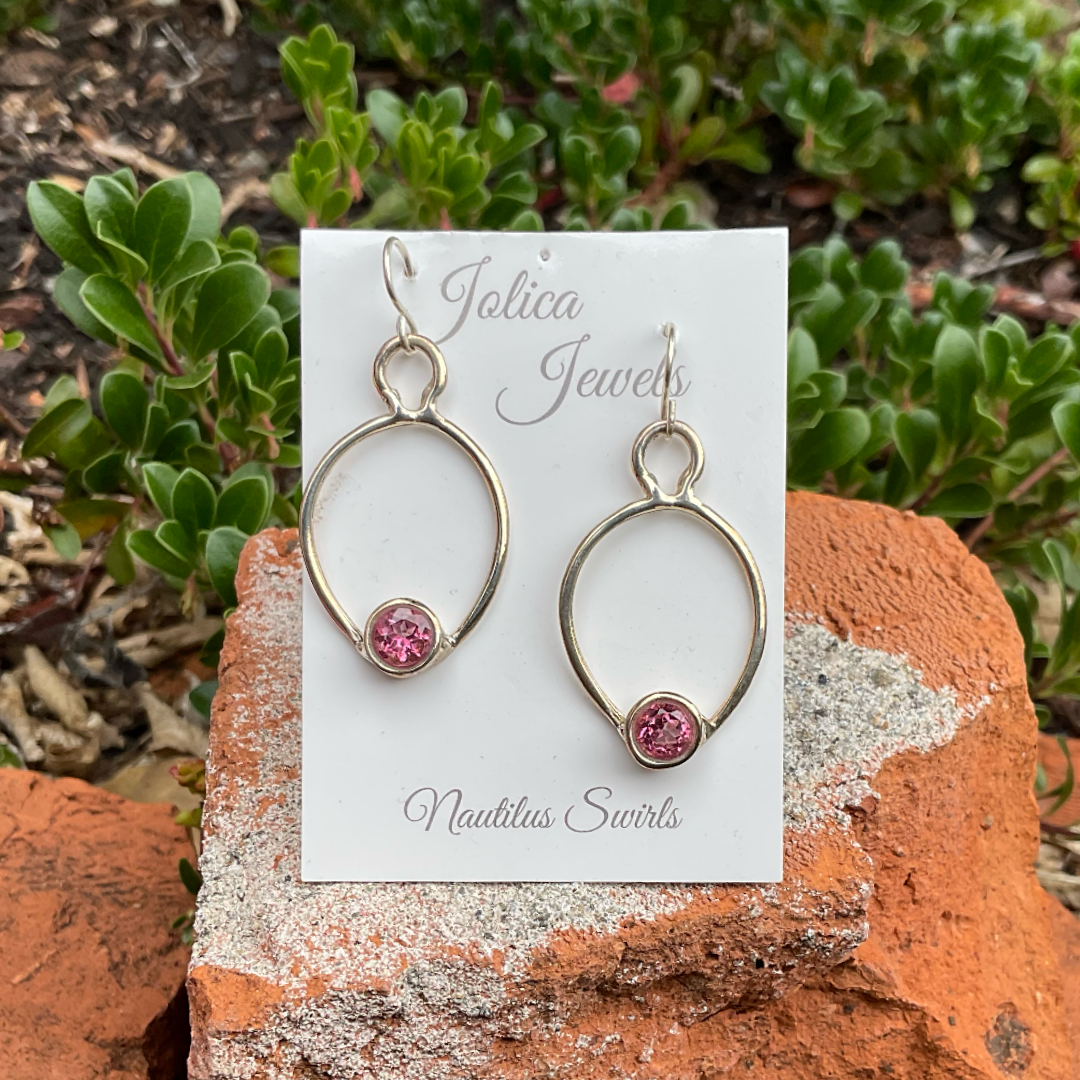 Jolica:  Small round drop gem earrings, Pink Topaz (bottom), silver