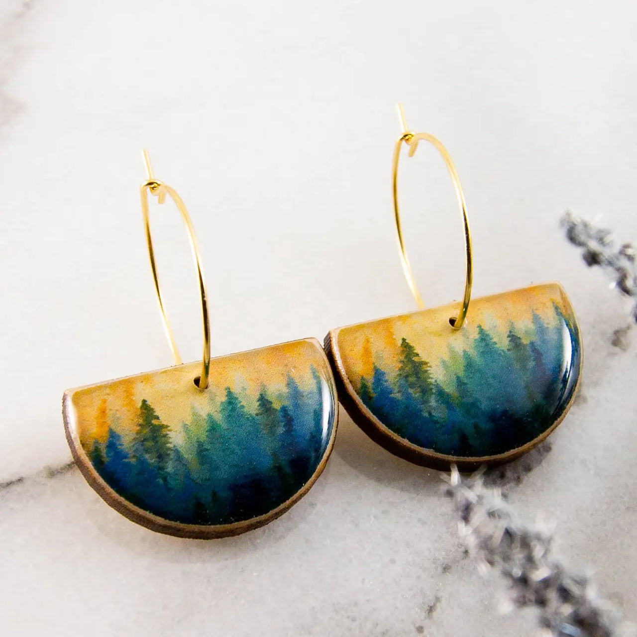 No Man's Land: Watercolor Forest Drop Hoop Earrings