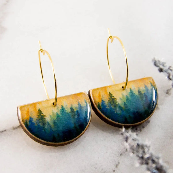 No Man's Land: Watercolor Forest Drop Hoop Earrings