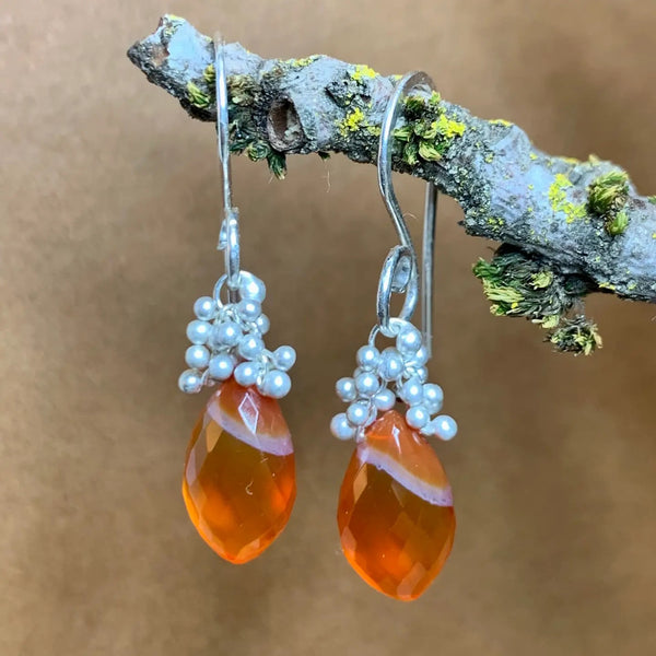 YedOmi: Orange Lace Chalcedony Caviar Dew Drop Earrings