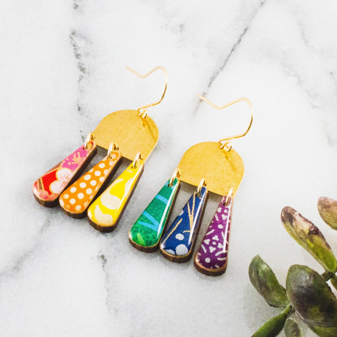 No Man's Land: Rainbow Collage Brass Drop Earrings