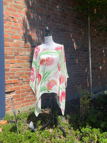 Poshaq Silks: Chiffon Poncho, Red Hibiscus