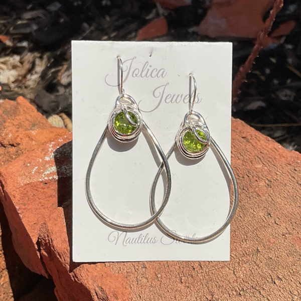 Jolica: Silver Hoop & Gem Earrings, Peridot, Med