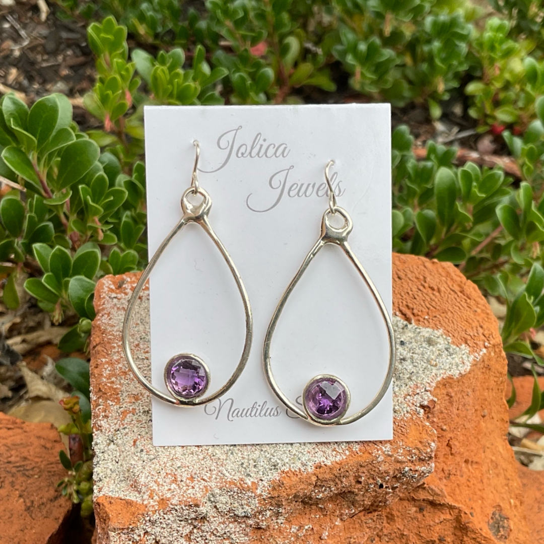 Jolica: Silver Hoop & Gem Earrings, Med Amethyst