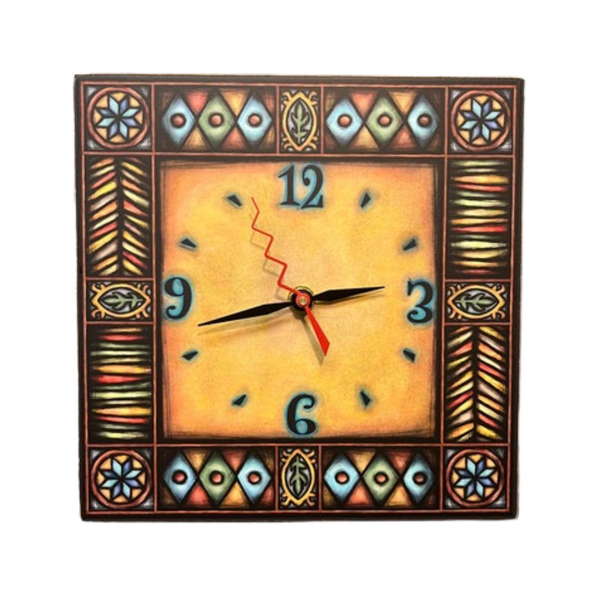 Macone Clay: Brown Motif Square Clock