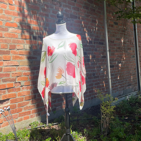 Poshaq Silks: Chiffon Poncho, White/Red Mums